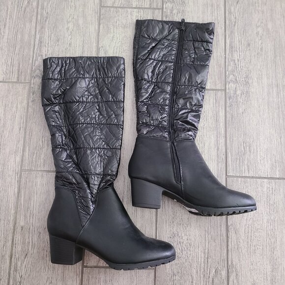 GLOBALWIN Black Quilted Knee-High Block Heel Winter Boots Women’s Size 9 - Picture 3 of 10